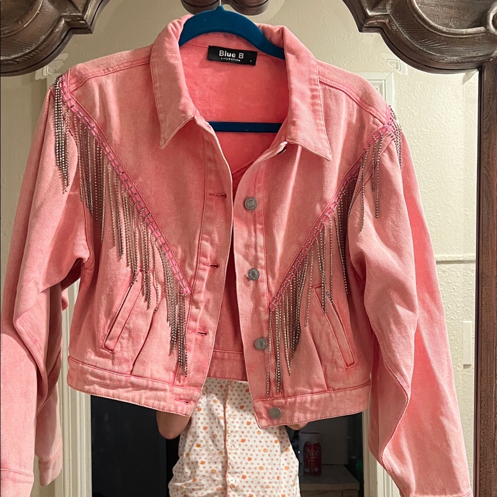 Blue B Pink Jean Jacket with Fringe